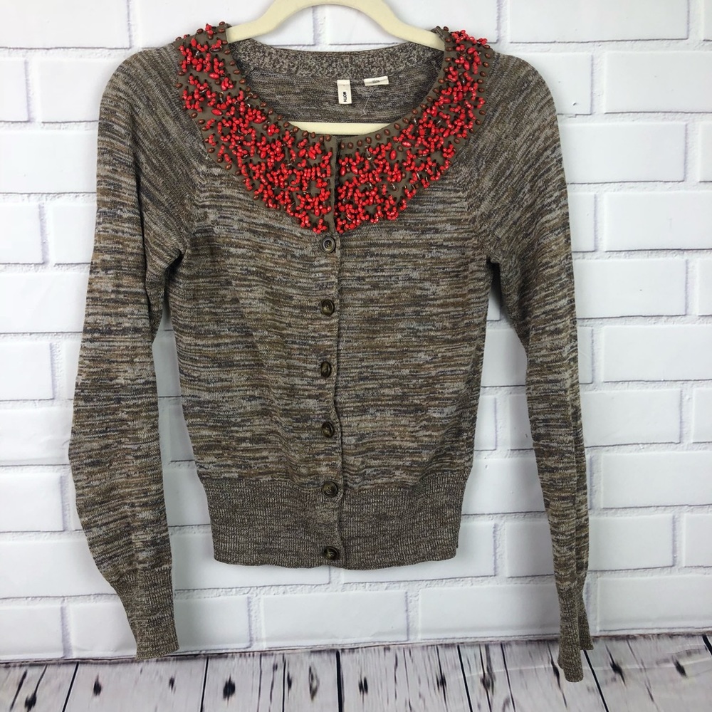 Anthropologie Brown Sweater with Red Embellishments